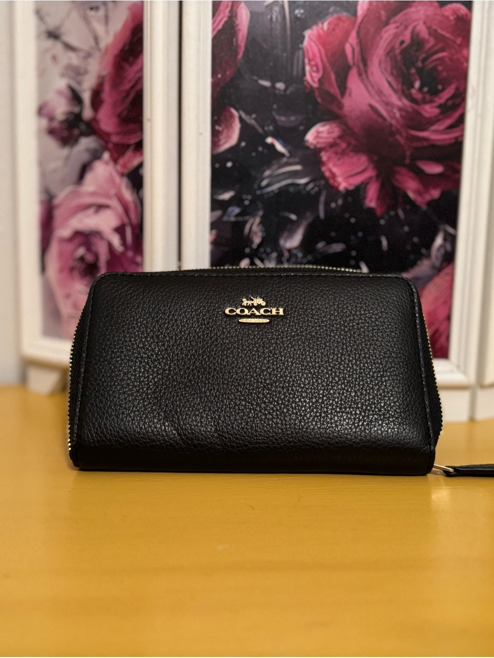 Coach Black Pebbled Leather Zip Pouch with Gold Logo